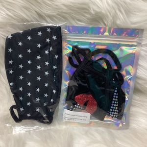 Three Cotton Face Masks w/ Ear Loops, Black w/ White Stars, Black w/ Rhinestones